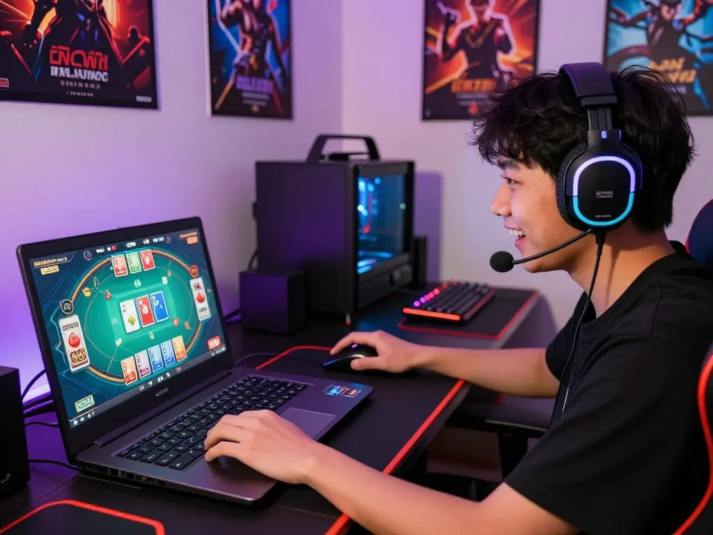 Exciting online gaming experience at Nhà Cái Kuwin featuring a player engaged in virtual card games.