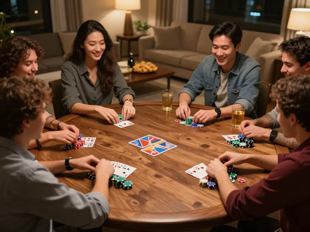 Pemain Leci123 menikmati malam permainan poker yang ramah dengan chip bertumpuk dan kartu komunitas yang terlihat.