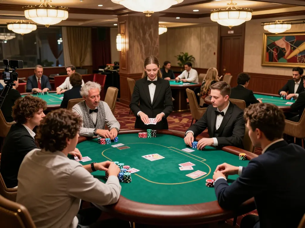 Experience kp88 poker night at a luxurious casino with players engaged in strategic gameplay