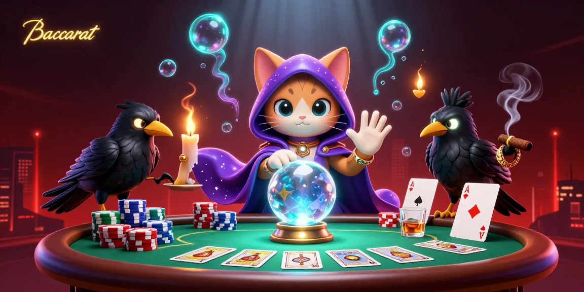 Baccarat table scene featuring a mystical cat, raven, and candles creating an enchanting atmosphere for players.