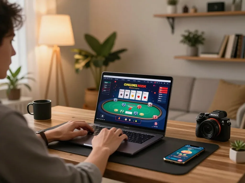 Player enjoying an online session on LGOSUPER casino platform with laptop and betting strategy notes on the table