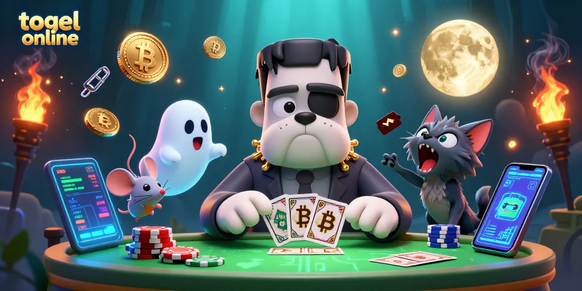 Engage in togel online with a vibrant scene featuring a 3D Frankenstein bulldog dealer and neon elements.