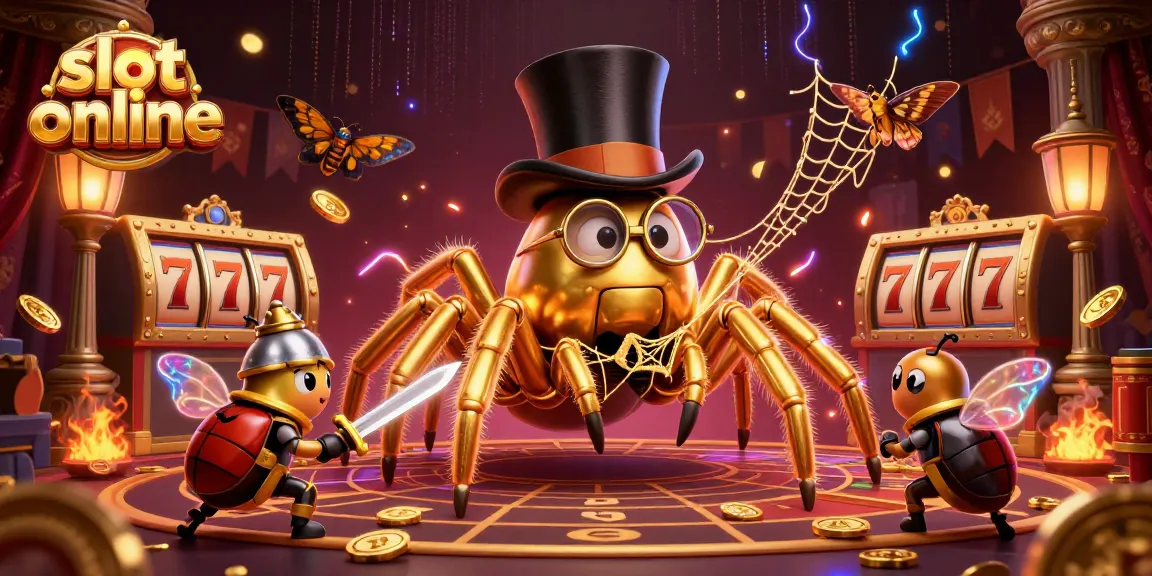 Mainkan slot online sambil menyaksikan tarantula emas dan ksatria kecil dalam ilustrasi 3D yang menarik.