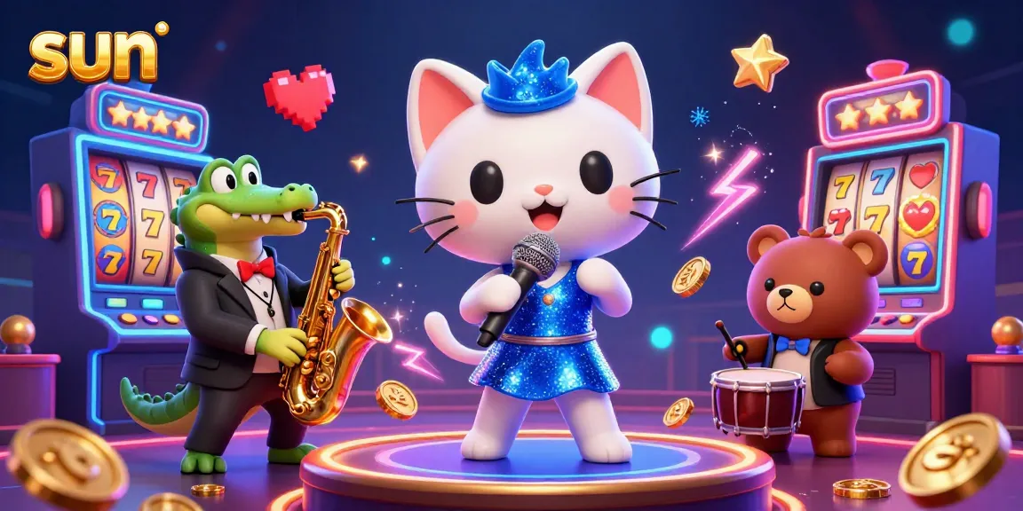 Spin and win at the vibrant sun-themed casino with a jazzy cat, crocodile, and bear.