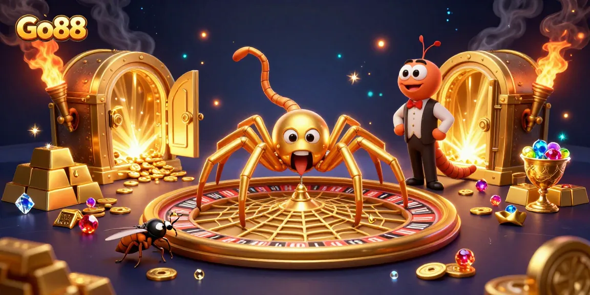 Place bets at Go88 with excitement as a golden spider spins a roulette wheel web.