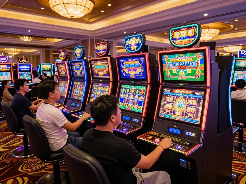 Players enjoying situs slot games at colorful slot machines in a lively casino atmosphere