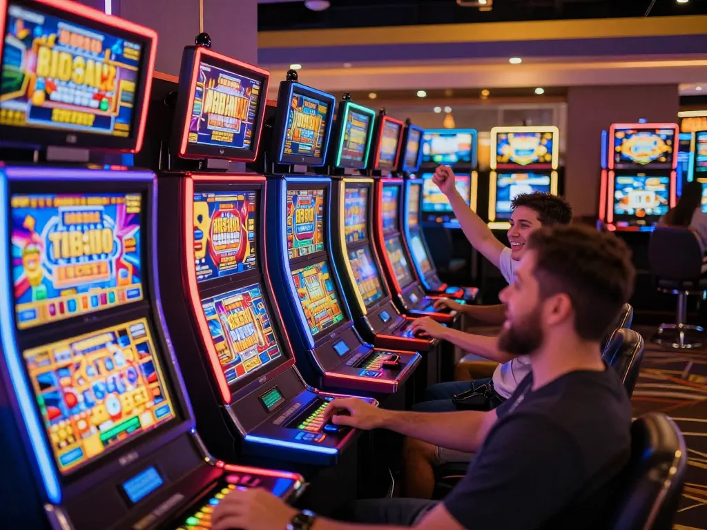 Players enjoying exciting gaming action at slot depo 5k, celebrating wins at colorful slot machines.
