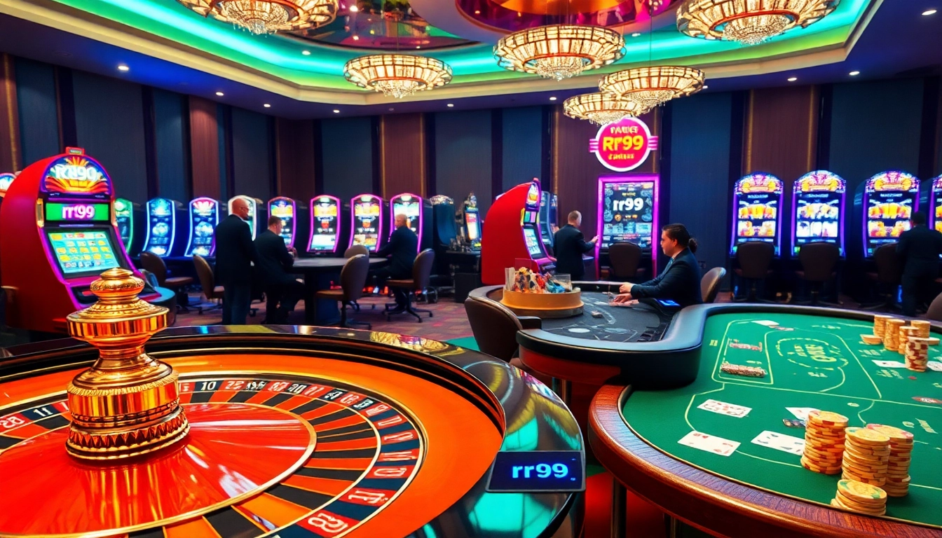 Exciting casino scene with rr99 betting slips, roulette table, poker players, and slot machines.