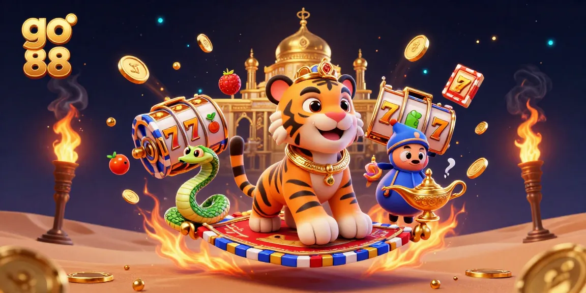 Engage with go 88 in this vibrant 3D casino illustration featuring a magical scene with a tiger sultan and dynamic slot games.
