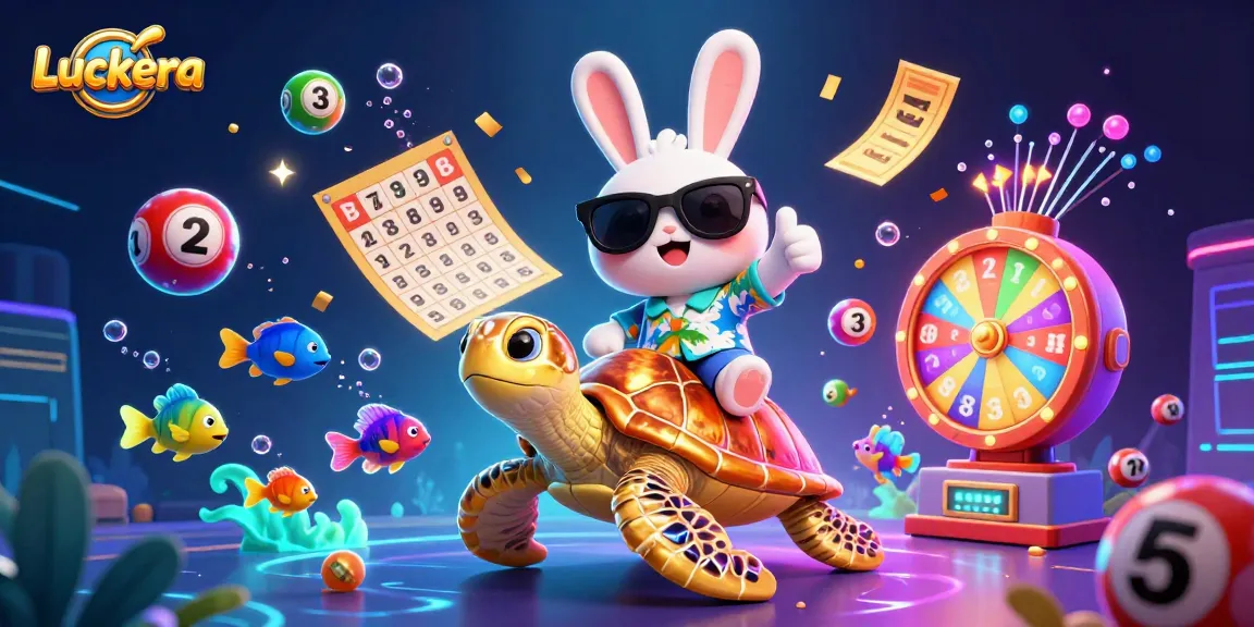 Luckera promotes exciting lottery play with a lucky rabbit and golden turtle in a colorful 3D scene.