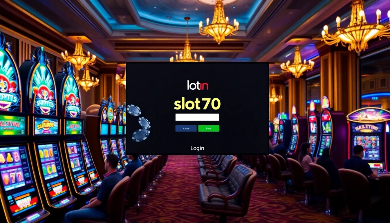 Engaging players at slot777 login interface amidst a vibrant casino scene with slot machines.