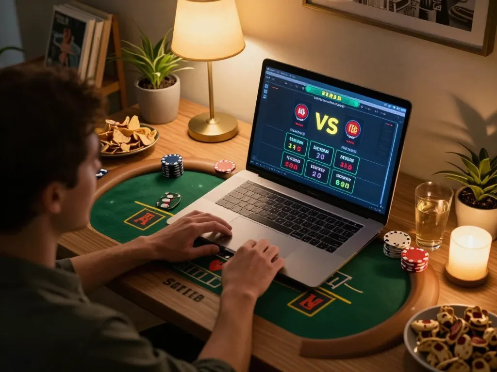 A player enjoying online blackjack on 789f link, surrounded by snacks and a cozy atmosphere.