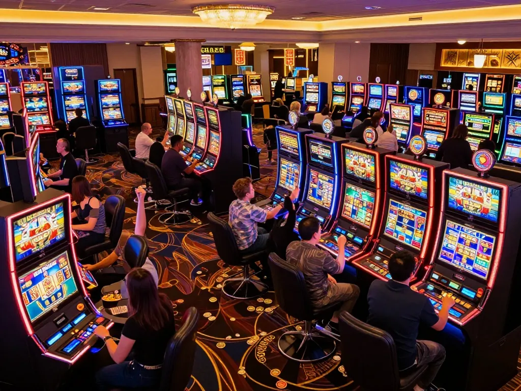 Players enjoying the excitement of the Top 10 nhà cái uy tín with lively slot machines in a vibrant casino