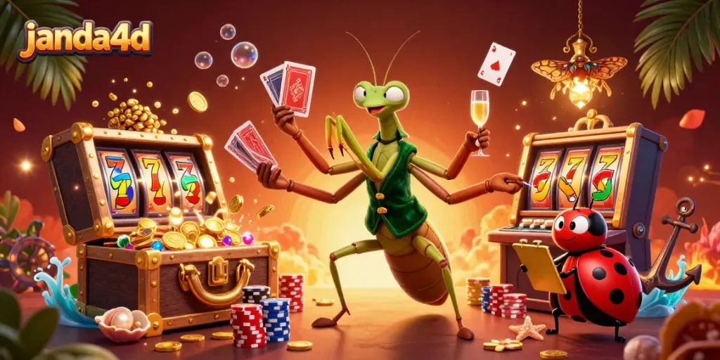 Grafik 3D janda4d menggambarkan karakter kartun dengan slot mesin, koin emas, dan detail kasino.
