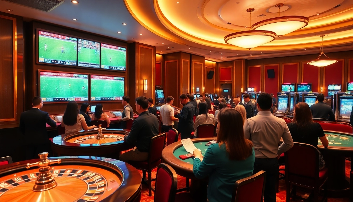 Gamblers learning แทงบอลยังไง in a vibrant sports betting environment with luxury betting elements.