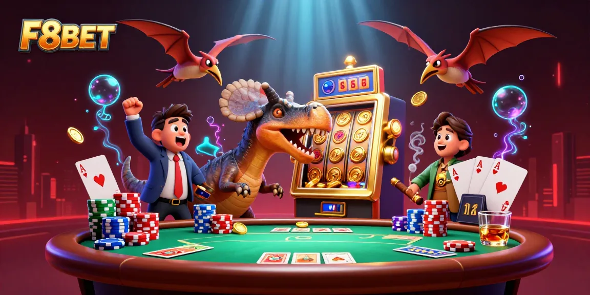 Experience the excitement of F8BET with dinosaurs engaged in an imaginative casino scene.