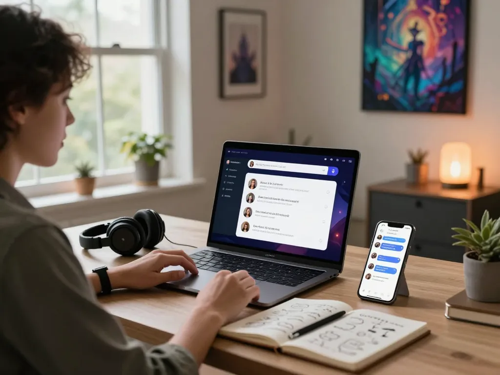 Engaging in AI sex chat at a modern home office, surrounded by tech and creativity.
