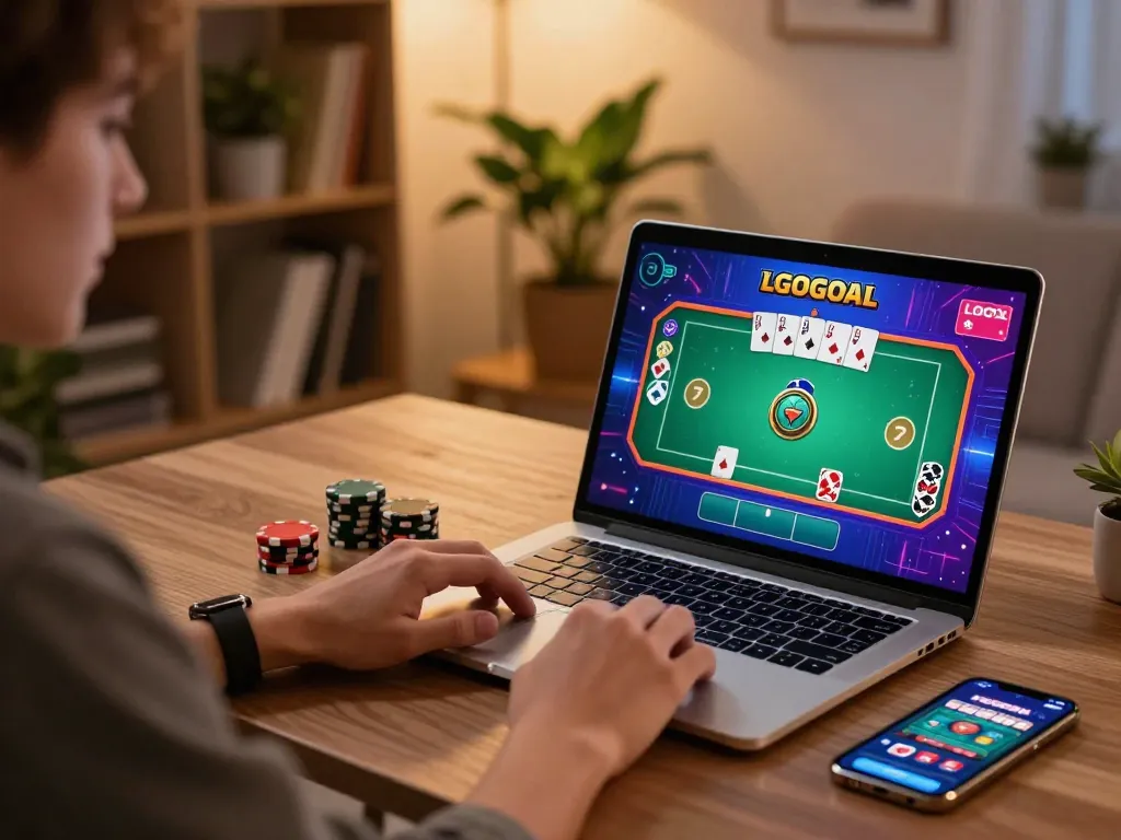 Engaging online gaming moment with LGOGOAL on laptop, showcasing poker strategy through focused play.
