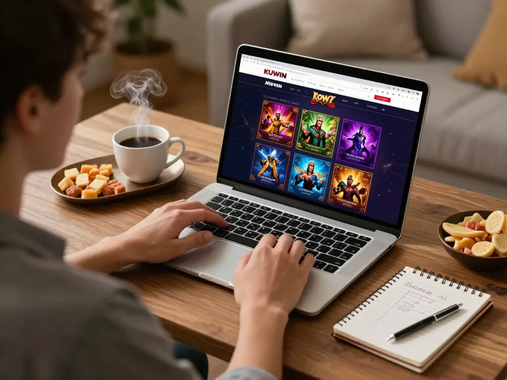 Engaging with online casino on trang chủ kuwin, showcasing home gaming setup with laptop and betting notes.