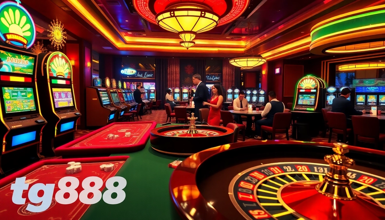 Experience the vibrant tg88 casino atmosphere with players at slot machines and poker tables.