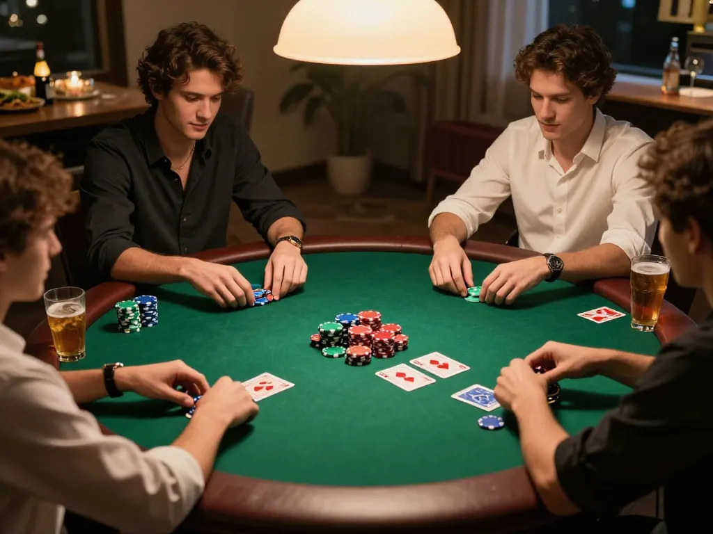 Pemain Dewi123 menikmati permainan poker di rumah dengan chip berwarna-warni dan momen strategis.