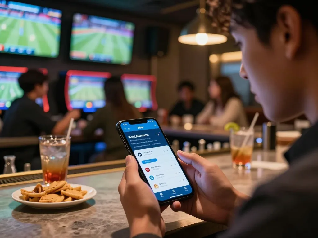 Engaging in sports betting using the 7meter Link Alternatif app amidst lively social setting.