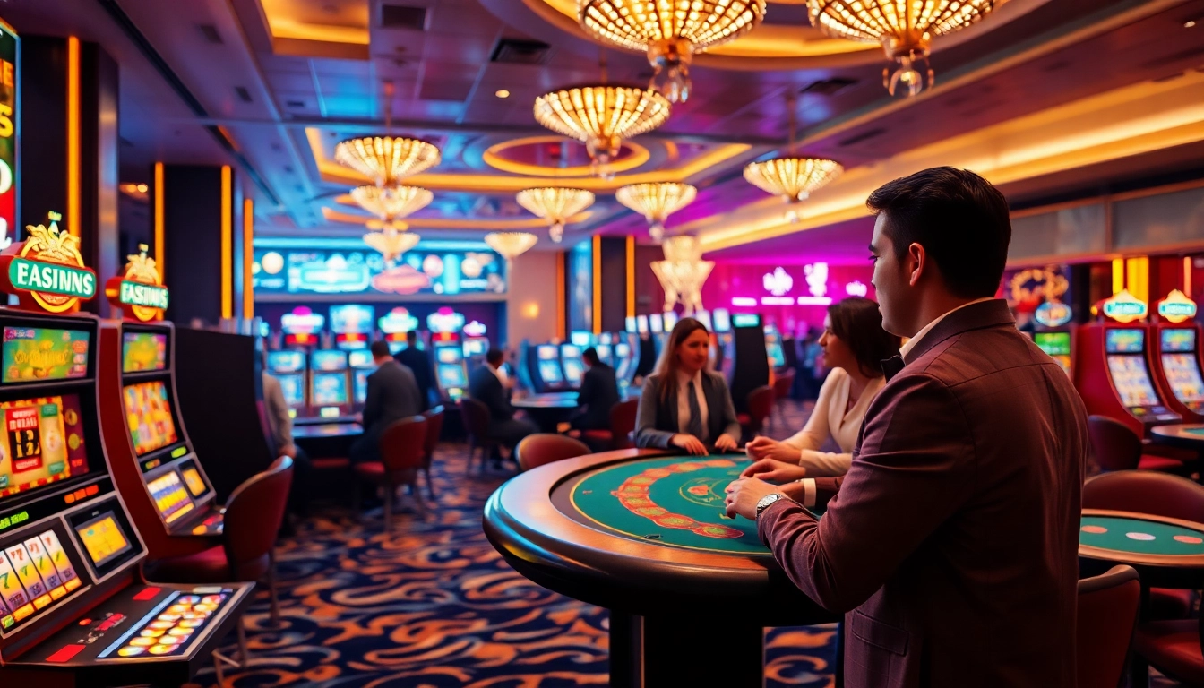 Engaging atmosphere in a DuitNow online casino with vibrant decor and enthusiastic players.