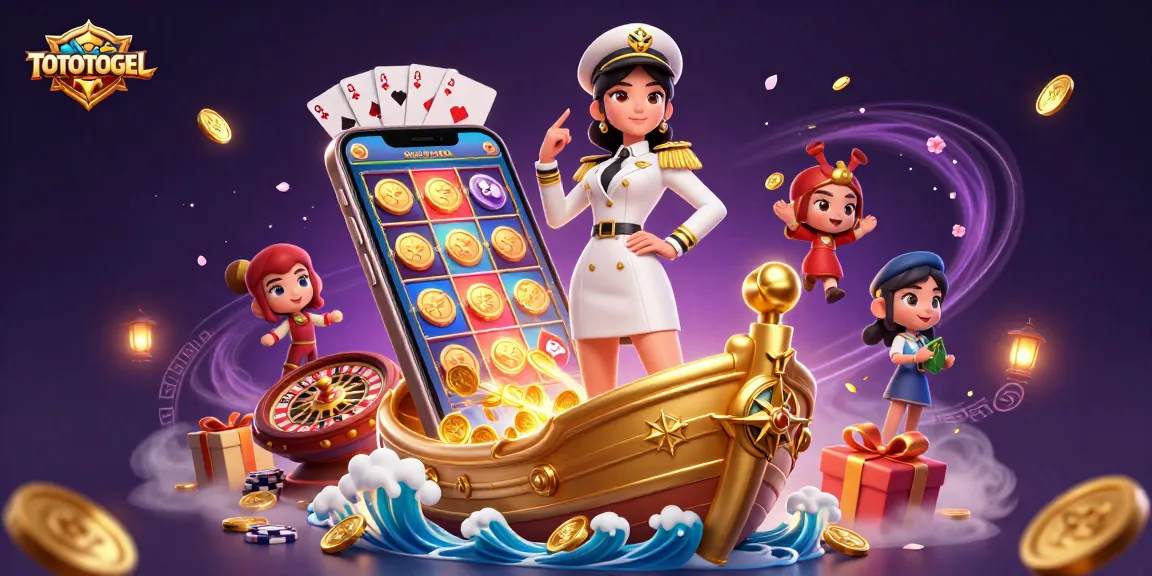 Play thrilling games at TOTOTOGEL with a vibrant casino scene showcasing slots and poker elements.