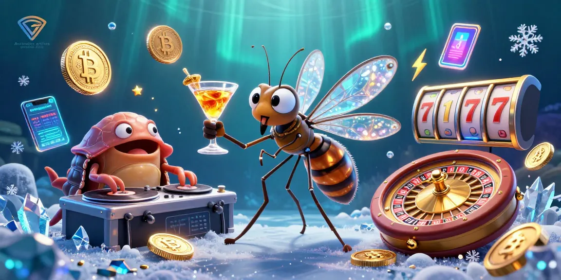 Engage with the vibrant illustration showcasing Australian online gambling sites featuring a frozen-in-amber mosquito casino mascot.