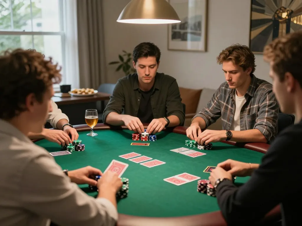 Players focusing on strategic bets during a poker game using the F8 bet platform, captured in a cozy home environment.