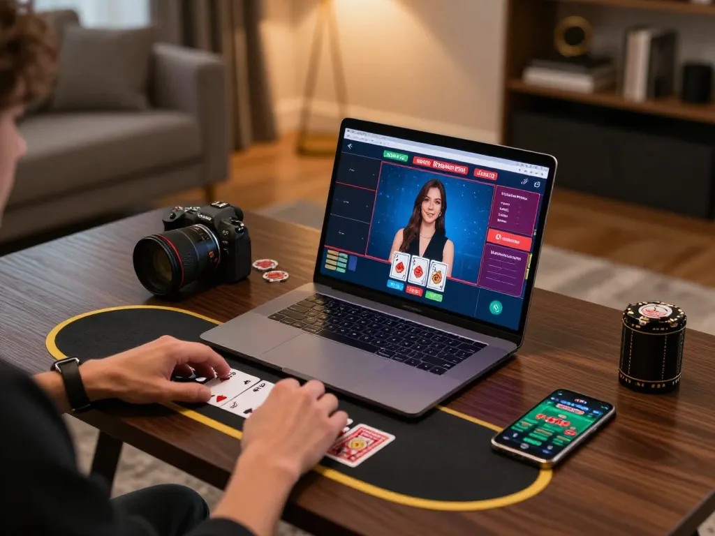 Engaging in a live blackjack game, dash88 focus on strategic play with vibrant gaming setup