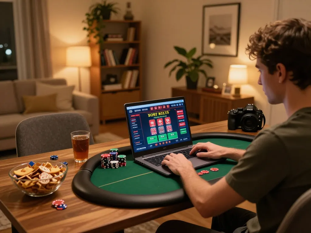Playing poker at Canada online casinos from home with a cozy setup and digital interface visible