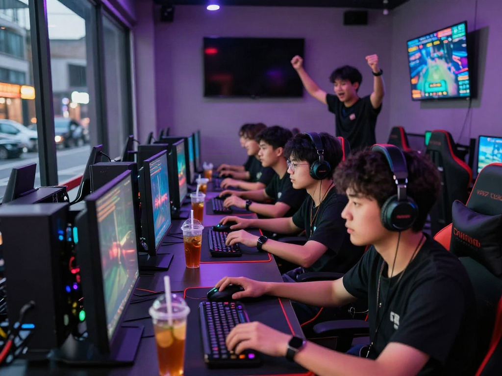 Akujp gaming café with players enjoying competitive online games, vibrant atmosphere, colorful lighting.