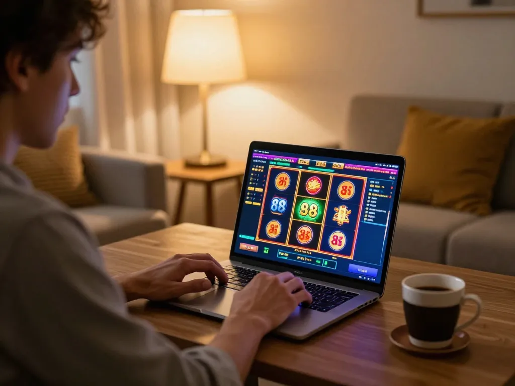 Engaged player enjoying 88 slot games on laptop at home, creating a cozy and inviting gaming atmosphere.