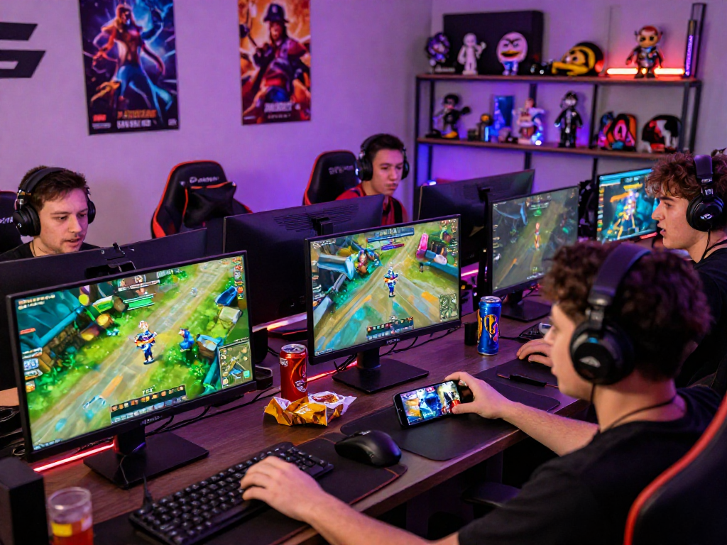 Players enjoying MPOCASH.blog gaming experience with vibrant screens and snacks.