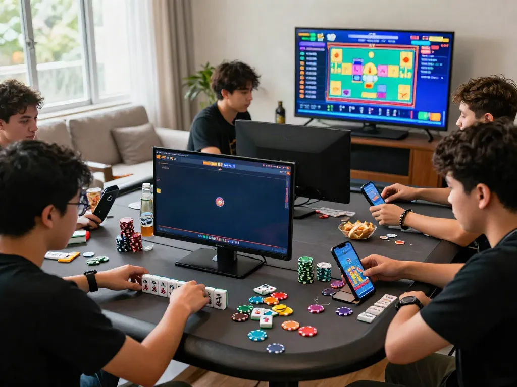 Permainan slot Mahjong yang seru dengan pemain bersemangat dan layar menunjukkan grafis berwarna-warni.