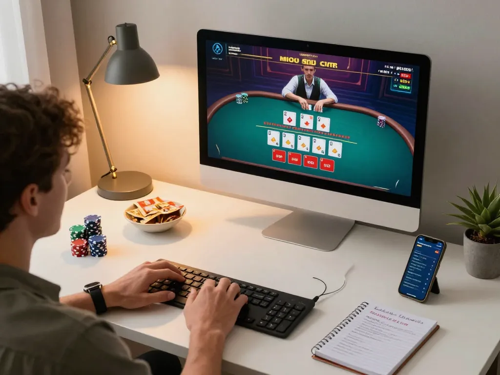 mm88 player engaging in a live dealer blackjack game from home, highlighting strategic online gambling.