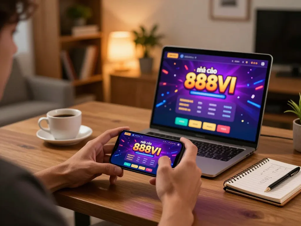 Engaging with online gambling through nhà cái 888VI's mobile app in a cozy modern home setting.