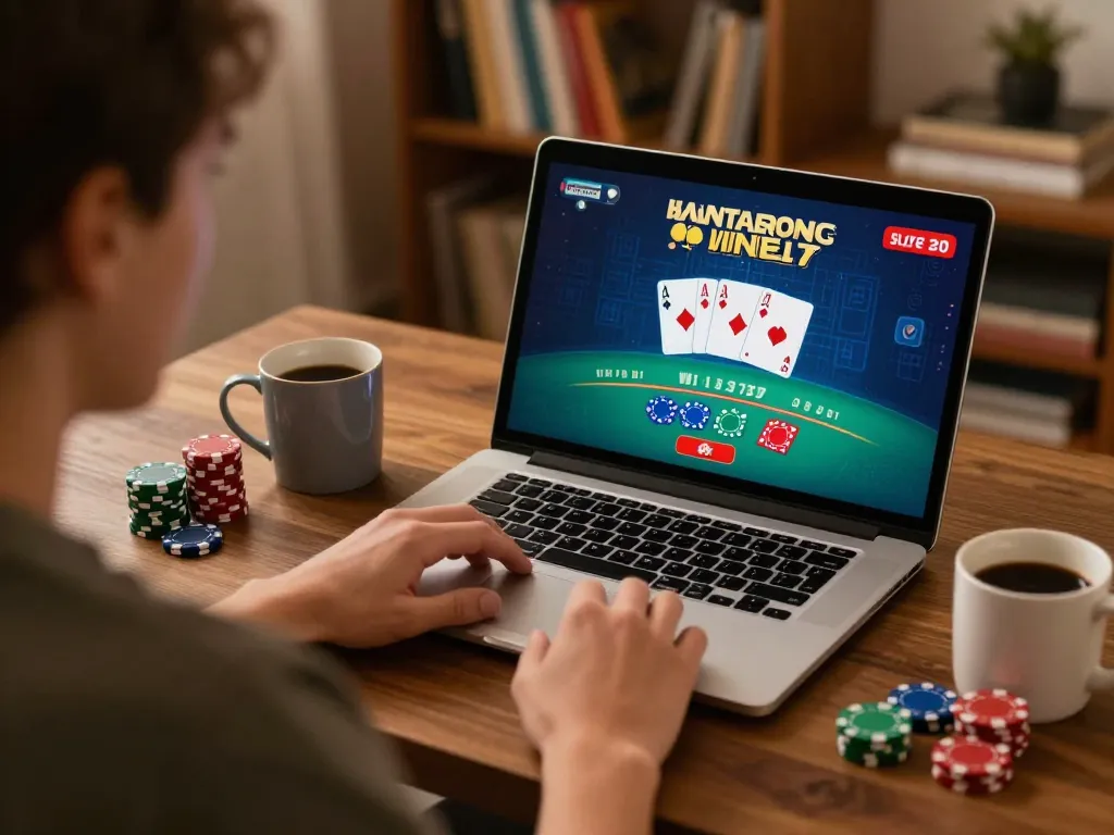 Person playing live dealer blackjack online, enhancing skills with cm88seo in a cozy environment