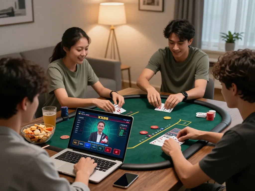 Engaged players experiencing XX88 TODAY blackjack action on modern home gaming setup.