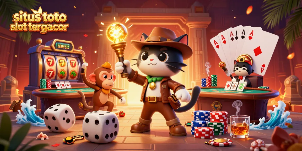 Situs toto slot tergacor showcases an adventurous cat and monkey in a vibrant casino setting.