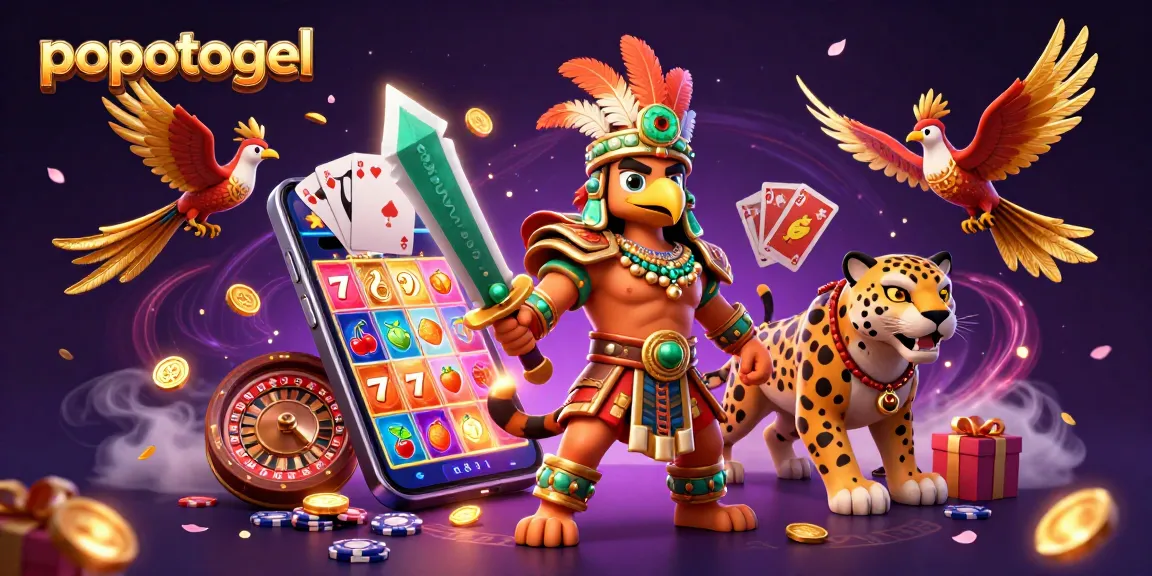 Experience the excitement of popotogel with vibrant slot games and dynamic casino elements in a thrilling illustration.