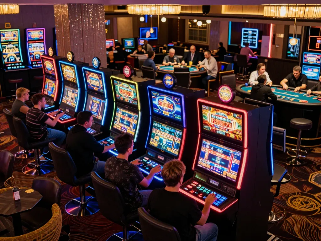 The aman788 site showcases players engaging with colorful slot machines on a bustling casino floor.