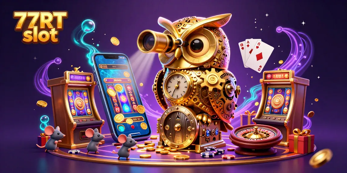 Spin the reels with 77RT slot as a golden owl guards the exciting casino floor.