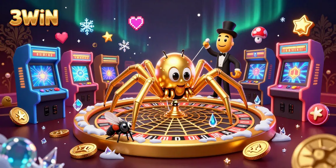 3WIN showcases a unique gaming atmosphere where a fly bets nervously at a roulette wheel web controlled by a centipede dealer.