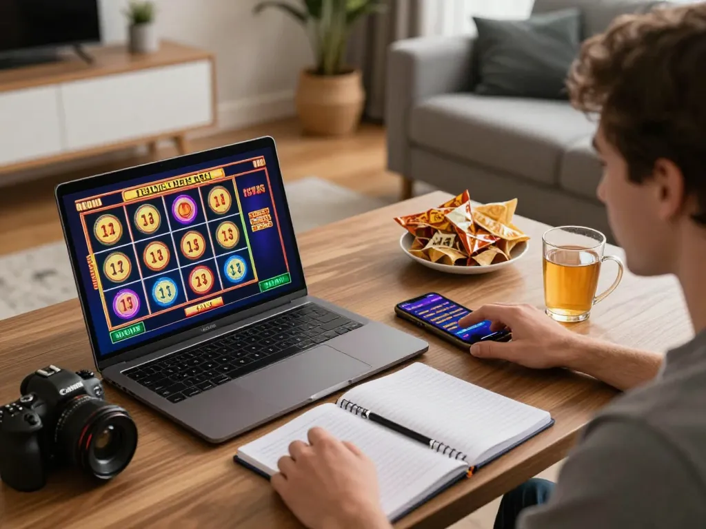 Pemain Aman788 terlibat dalam permainan slot online yang penuh warna di laptop dalam suasana yang nyaman.