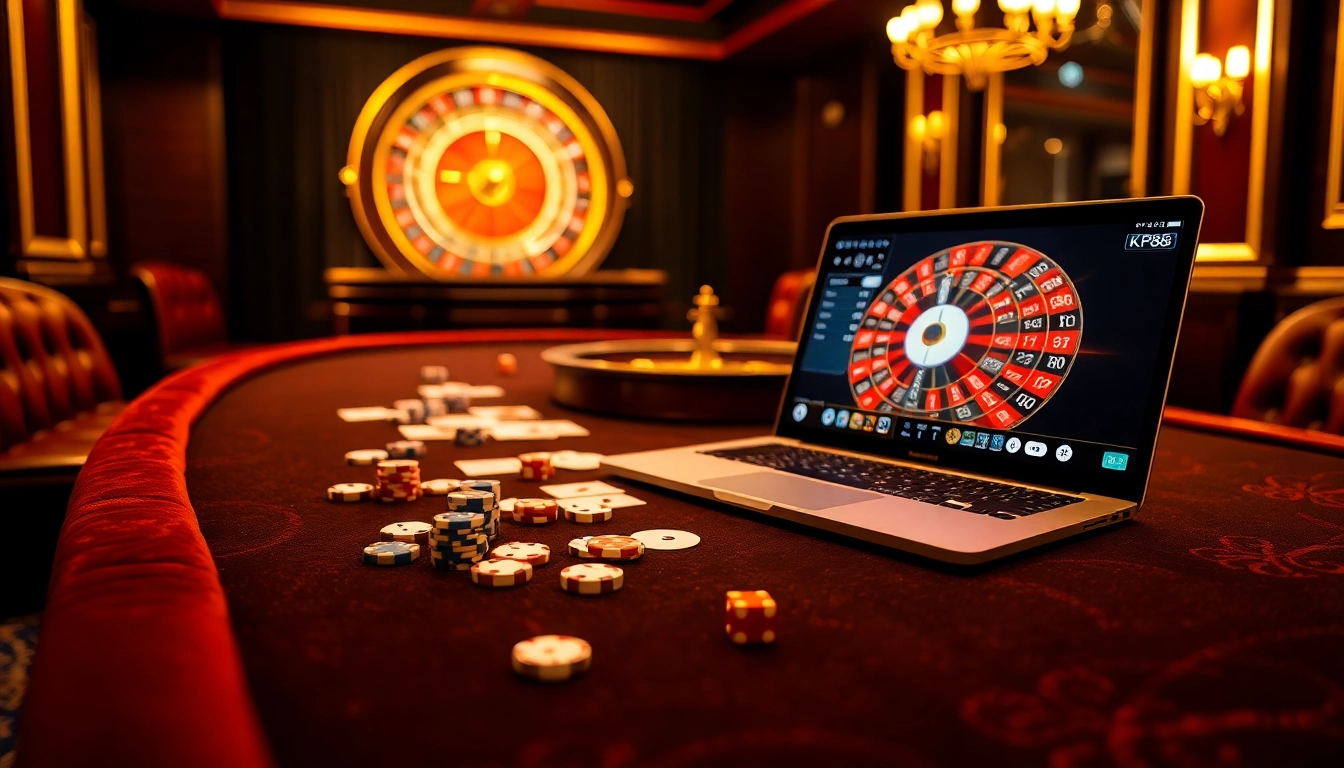 Engage with KP88's luxurious gaming tables filled with chips, cards, and a spinning roulette wheel.