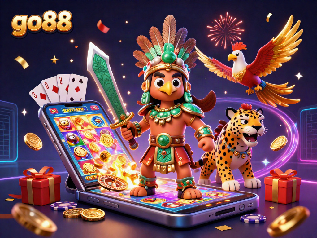 Engage with go88's vibrant casino atmosphere featuring dynamic gaming elements and characters.