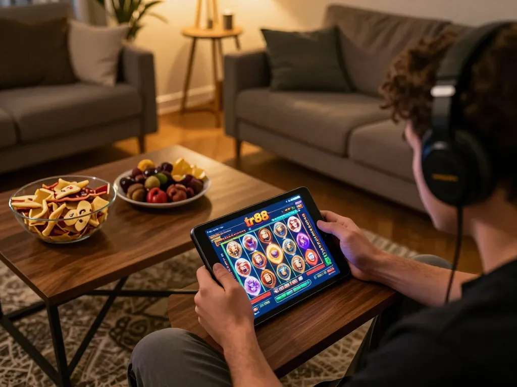 Player enjoying tr88's slot games on tablet in a cozy home setting, emphasizing strategic gameplay and relaxation.