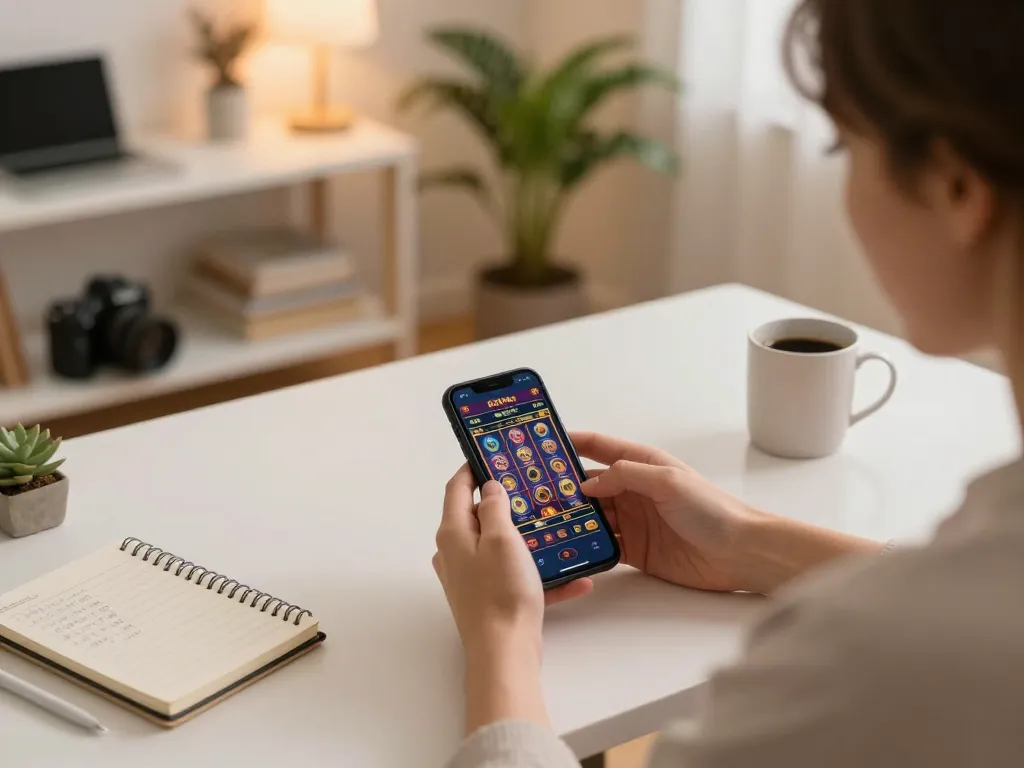Engaging in mobile casino gaming with cloud-africa platform visible on screen, showcasing a stylish and cozy home environment